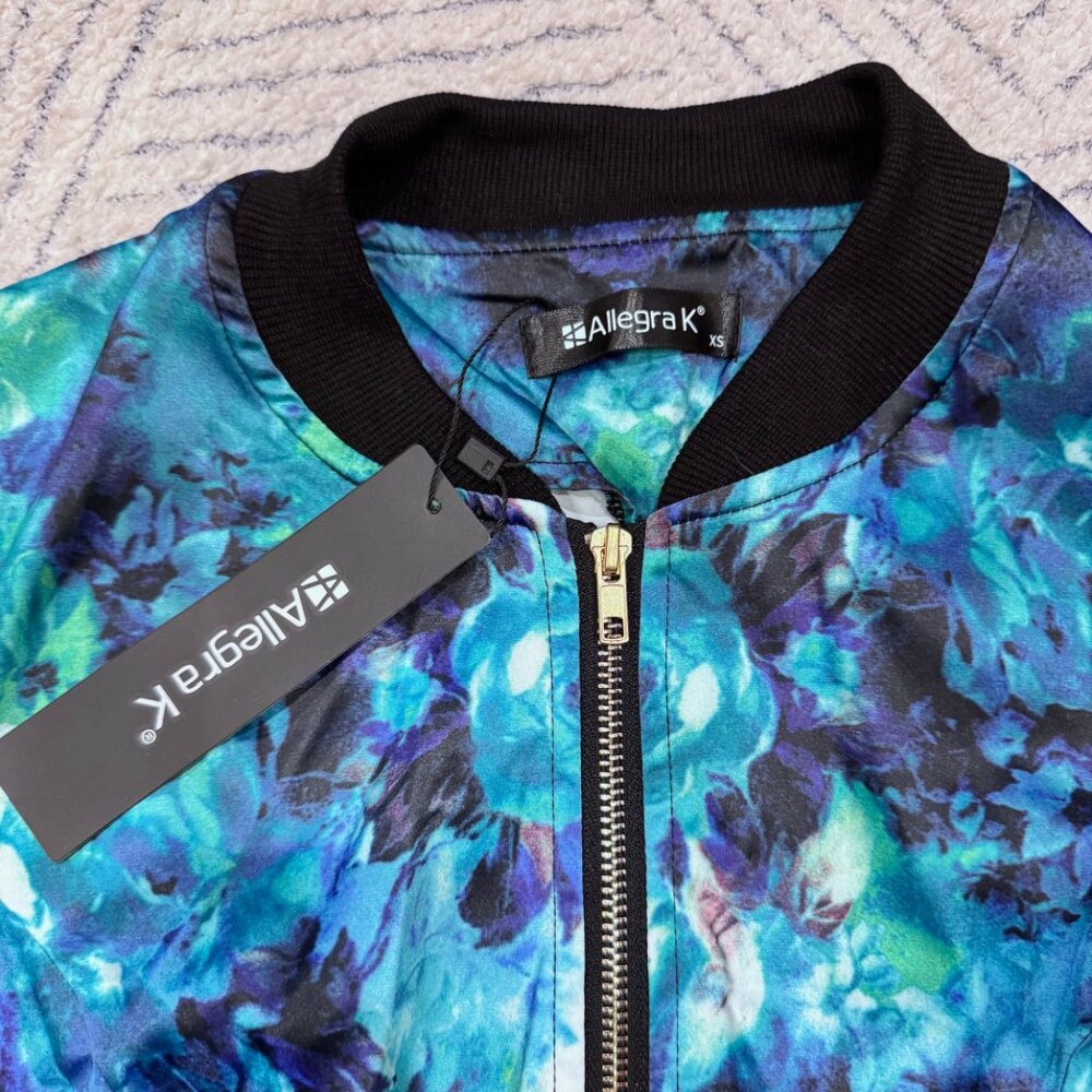 NWT - Women's Bomber Jacket - Blue Green Purple Flower Design - Womens XS
